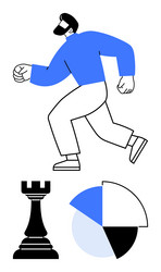 man in motion beside chess rook and pie chart vector image