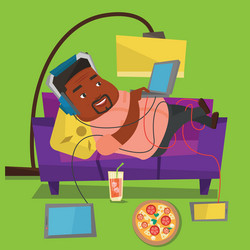 man lying on sofa with many gadgets vector image