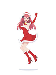 joyful anime manga girl as santa claus in a jump vector