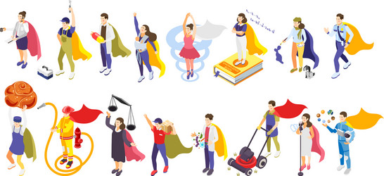 Superheroes people isometric characters vector