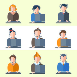 set call center operators headphones computers vector