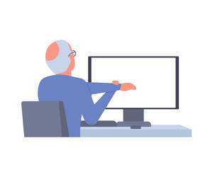 senior man sits back at table computer vector image