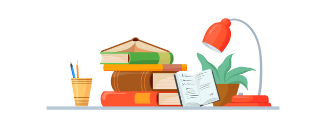 Stack books on table cartoon pile textbooks vector