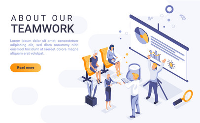 About our teamwork landing page isometric vector