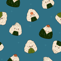 Seamless pattern with kawaii onigiri on a blue vector