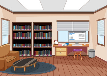 empty library interior design with bookshelves vector