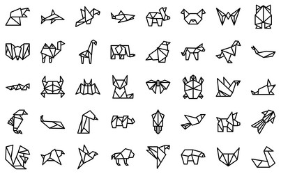 Origami animals icons set outline paper vector