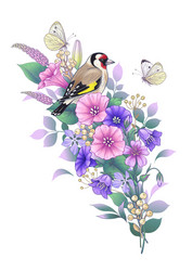 goldfinch butterflies and wildflowers bouquet Vector Image