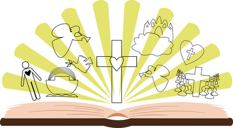 open bible with different pictures and rays vector