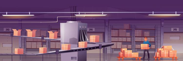 worker loading boxes on conveyor belt at factory vector image