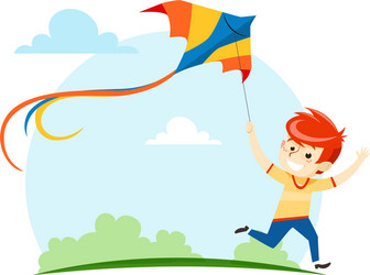 Boy runs and launches a kite into the sky vector