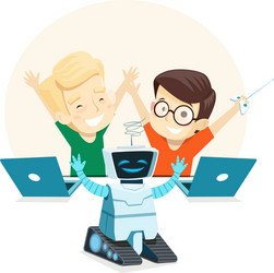 happy children run the robot in robotics class vector image