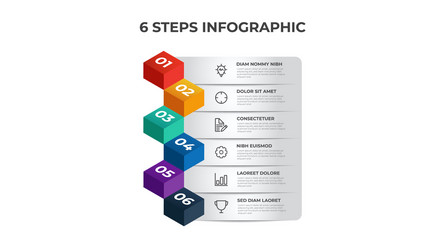 6 list steps diagram row layout with isometric vector image