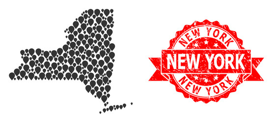 textured new york seal and pointer mosaic map vector image