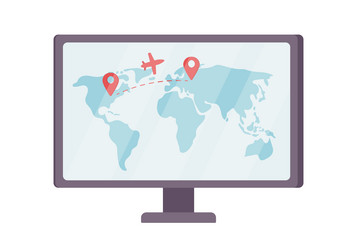 Computer monitor with flight tracker map semi vector