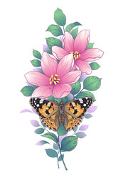 hand drawn pink flowers and painted lady Vector Image