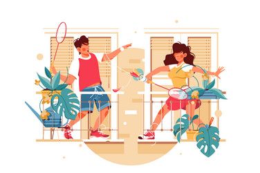 girl and guy on balcony play badminton vector