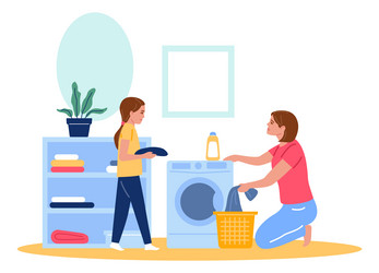 Girl helping mother with laundry family household vector