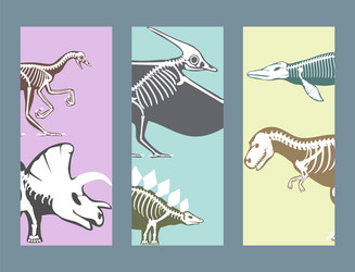 Dinosaurs skeletons silhouettes cards set fossil vector