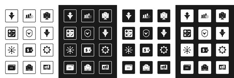 set computer monitor with graph chart shield vector image