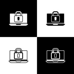 Set laptop and lock icon isolated on black vector