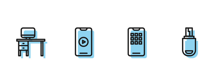 set line mobile phone computer monitor and desk vector image