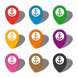 set of nine colorful map pointers with anchor sign vector image