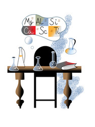 table with lab flask chemical element in bubble vector