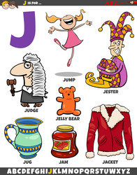 letter j set with cartoon objects and characters vector image