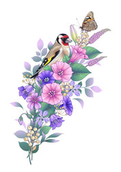 goldfinch butterfly and wildflowers bouquet Vector Image
