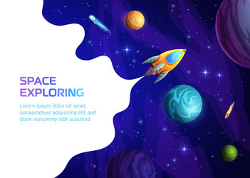 Space landing page with cartoon rocket in galaxy vector