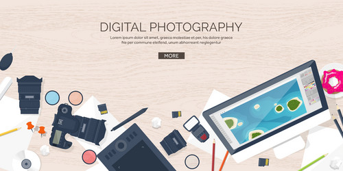 Photographer equipment on a table photography vector