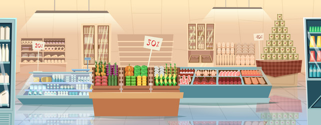 Supermarket cartoon products grocery store food vector