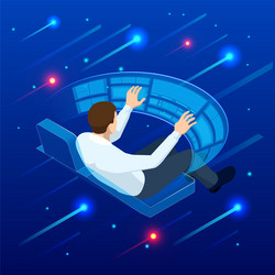 isometric man touching virtual interface creating vector