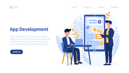 Mobile app development concept with developers vector