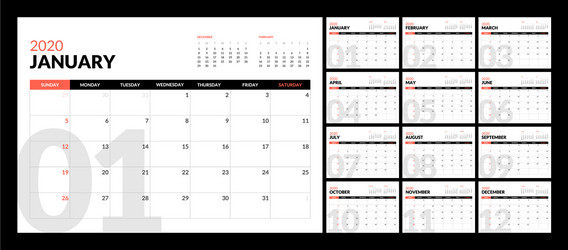 calendar for 2020 new year in clean minimal table vector