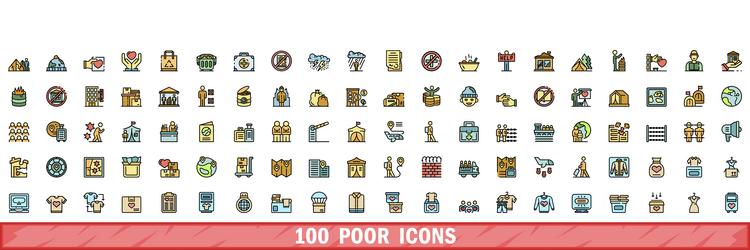 100 poor icons set color line style vector image