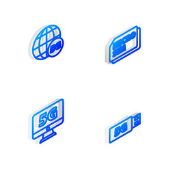 Set isometric line micro sim card 5g network vector