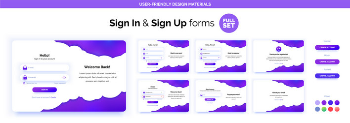 Set of sign up and in forms purple gradient vector