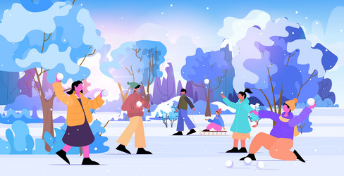 People playing snowballs men women and children vector