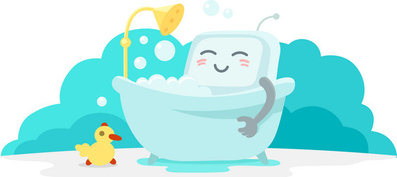 Emoji sticker robot is taking bathin vector