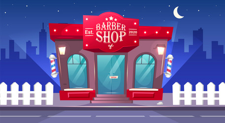 barbershop front at night flat color hairdresser vector