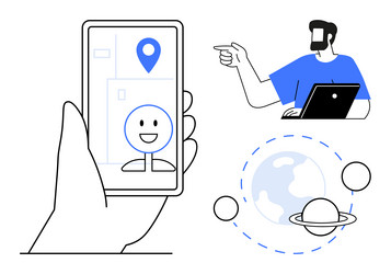 man pointing and working on laptop with digital vector image