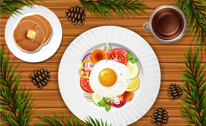 breakfast close up on desk background with some vector image