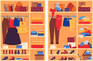 messy clothes in wardrobe open closet with vector