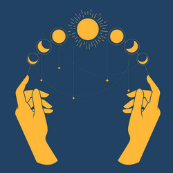 hands of sorcerer with lunar phases on fingers vector