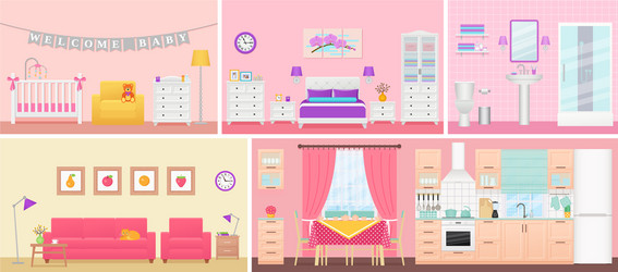 Room interiors in flat design cartoon house vector