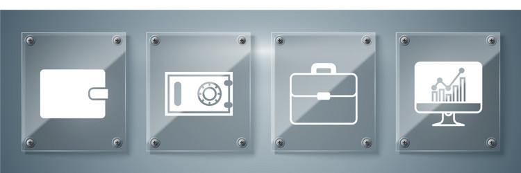set computer monitor with graph chart briefcase vector image