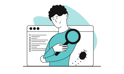 Man looking bug in the code with magnifying glass vector