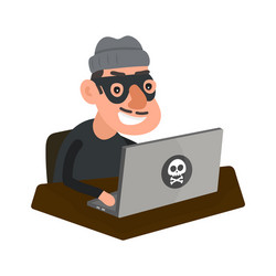 Robber hacker with laptop computer vector